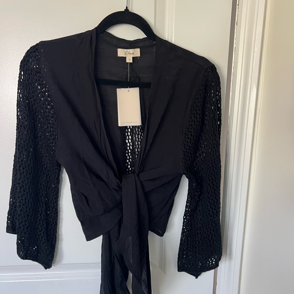 Elan Black Lace Sleeve Tie-Front Blouse